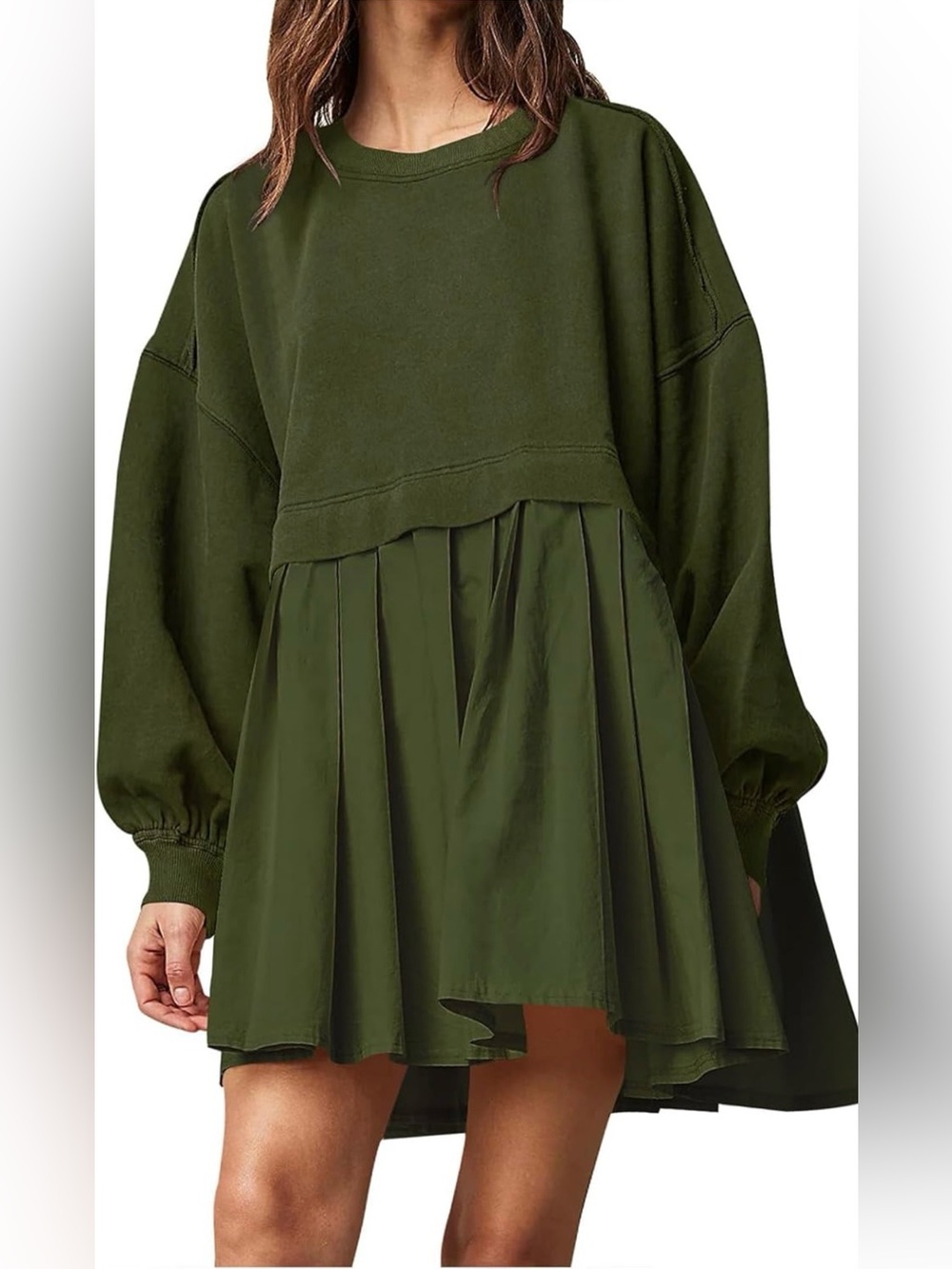 Olive Green Pleated Oversized Sweatshirt Dress - Picture 5 of 8